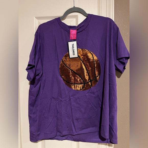 Queen of Sparkles NWT Basketball Sequin Tee Shirt Top Size XL Purple - Picture 2 of 4